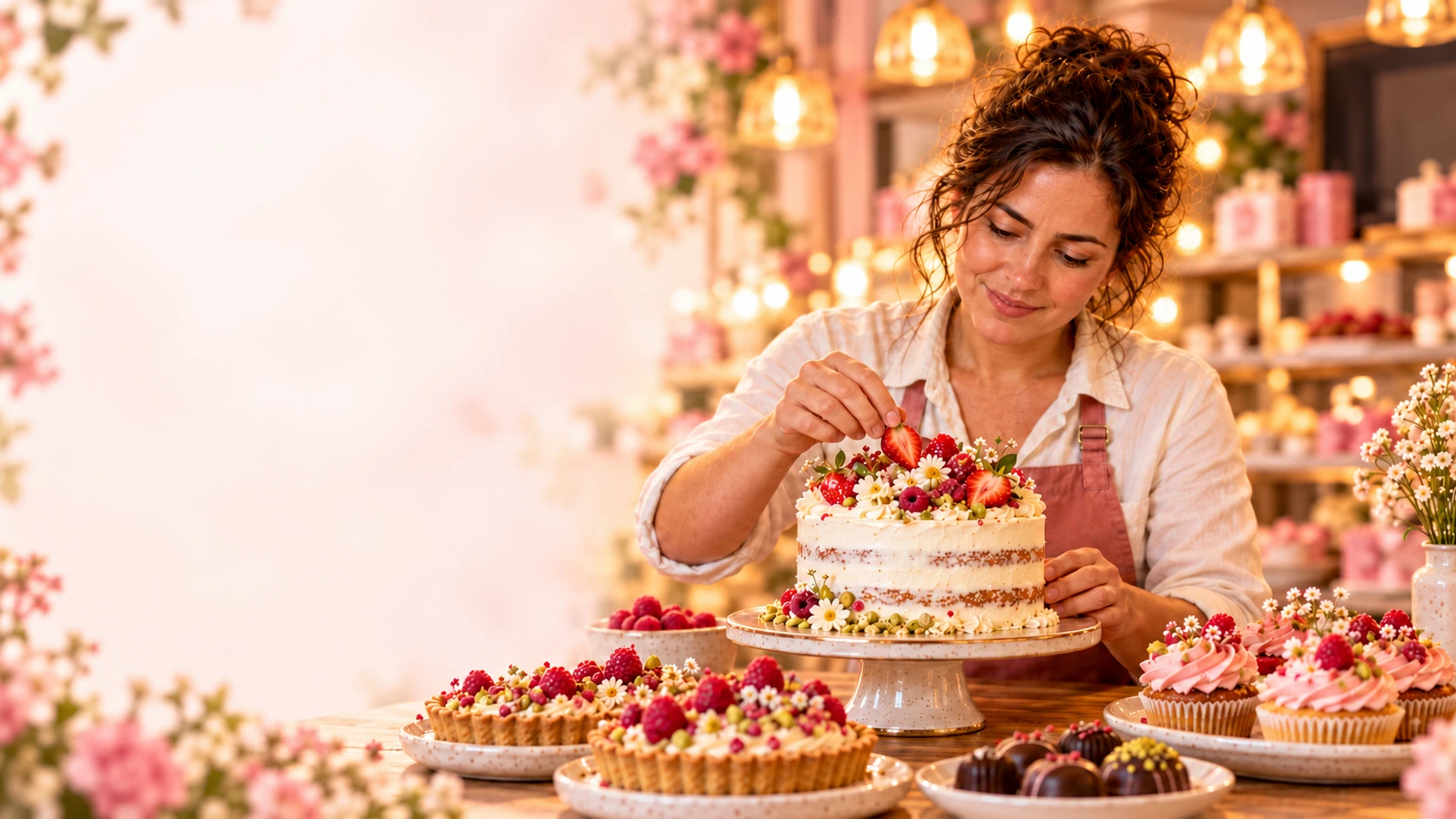 Repostera decorando un pastel, rodeada de dulces artesanales, tonos rosas y luz cálida.